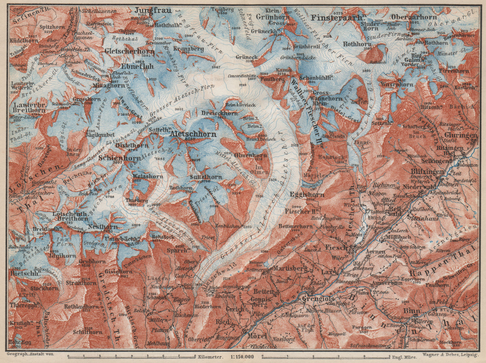 ALETSCHHORN DISTRICT. Fiesch Mörel Jungfrau Nesthorn Grengiols 1889 old map
